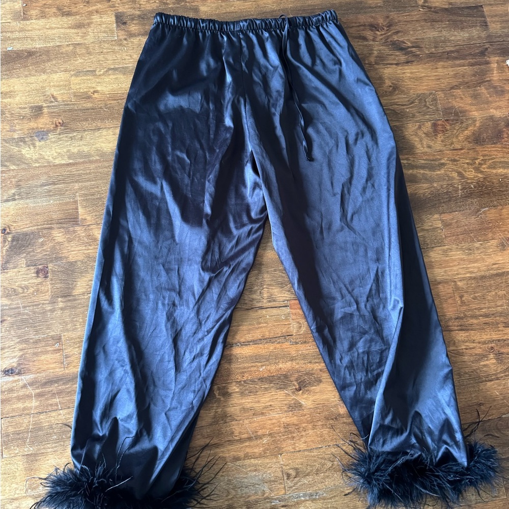 Black Feather Trim Satin Pajama Pants